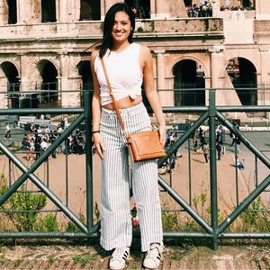 White Cropped Tank with Striped Wide-Leg Pants and Tan Crossbody